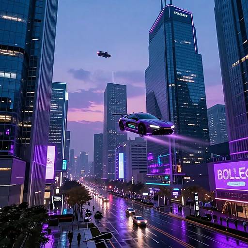 Digital CGI of a futuristic city street at dusk, featuring flying cars, neon lights, and skyscrapers with glowing advertisements.