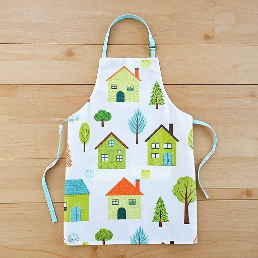 Photograph of a white apron with colorful, cartoon-style houses and trees, featuring red, green, and blue roofs, on a wooden surface.