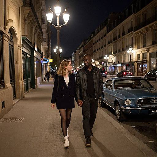 Photograph of a stylish black couple holding hands on a dimly lit, elegant city street at night, with vintage cars and lit street lamps. The