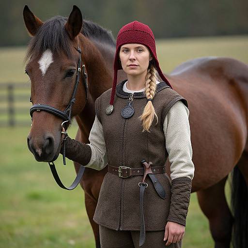 Photograph of a young woman with braided blonde hair, wearing a red knit hat and medieval-style brown vest, standing beside a brown horse with a