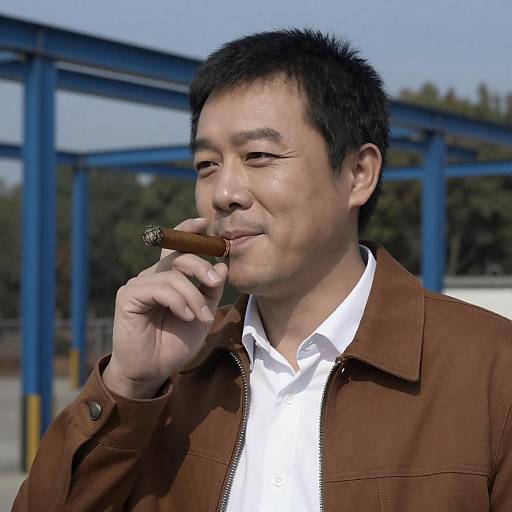 Relaxed Asian Man in Industrial Setting