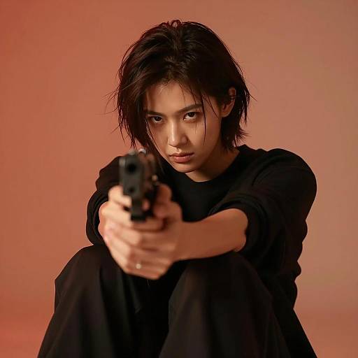 Person Aiming Handgun with Intense Gaze