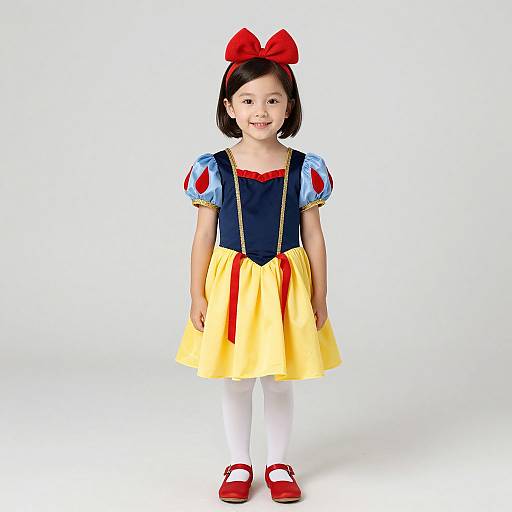 Photograph of a young Asian girl in a Snow White costume: yellow skirt, blue bodice, white puffed sleeves, red shoes, red bow