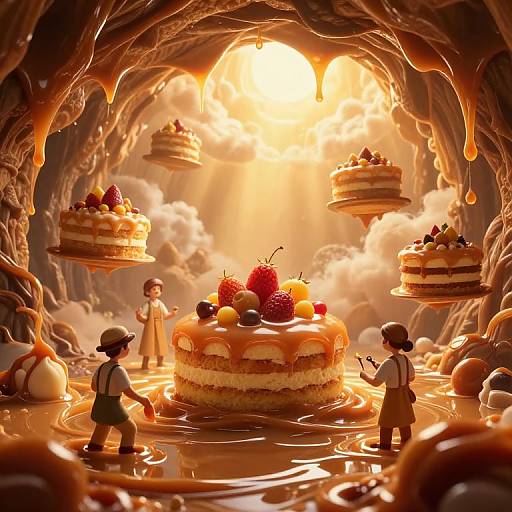 Whimsical digital art of a honey-filled cave with floating cakes, three children, and fruit, bathed in golden sunlight.