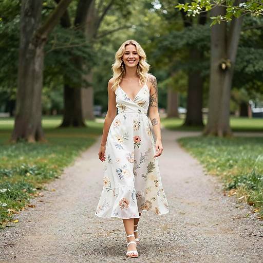 Photograph of a smiling blonde woman with tattoos, wearing a white floral dress and white sandals, walking on a park path.