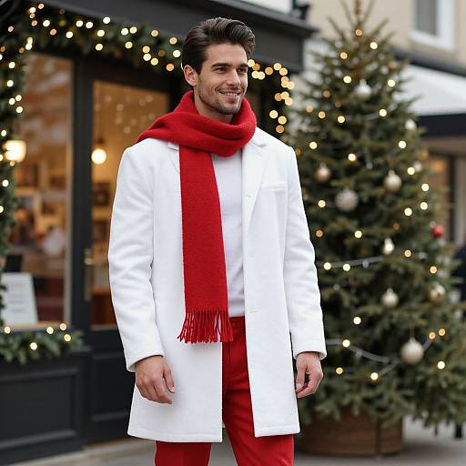 Stylish Man in White Coat and Red Scarf by Christmas Tree