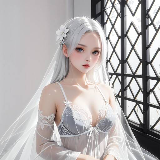 Woman in Delicate Gray Lingerie with White Hair
