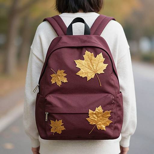 Photograph of a person with short black hair, wearing a white sweater, carrying a maroon backpack adorned with four golden autumn leaves, standing on a