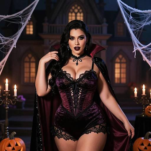 Photorealistic digital art of a curvy woman with dark hair, wearing a black lace corset, cape, and choker, in a Halloween