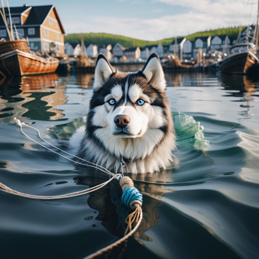 Siberian Husky Retrieving Nets in Harbor