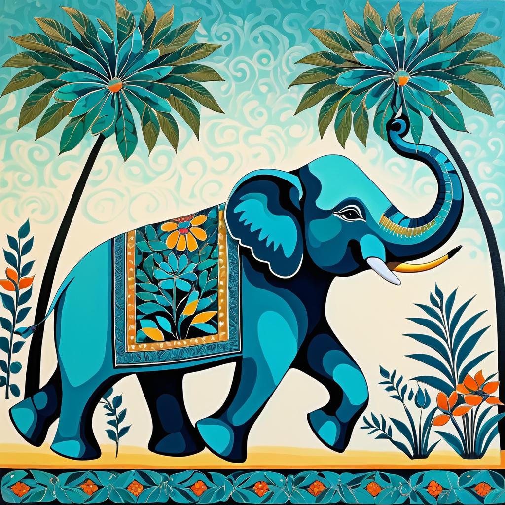 Dancing Elephant in Teal Folk Art