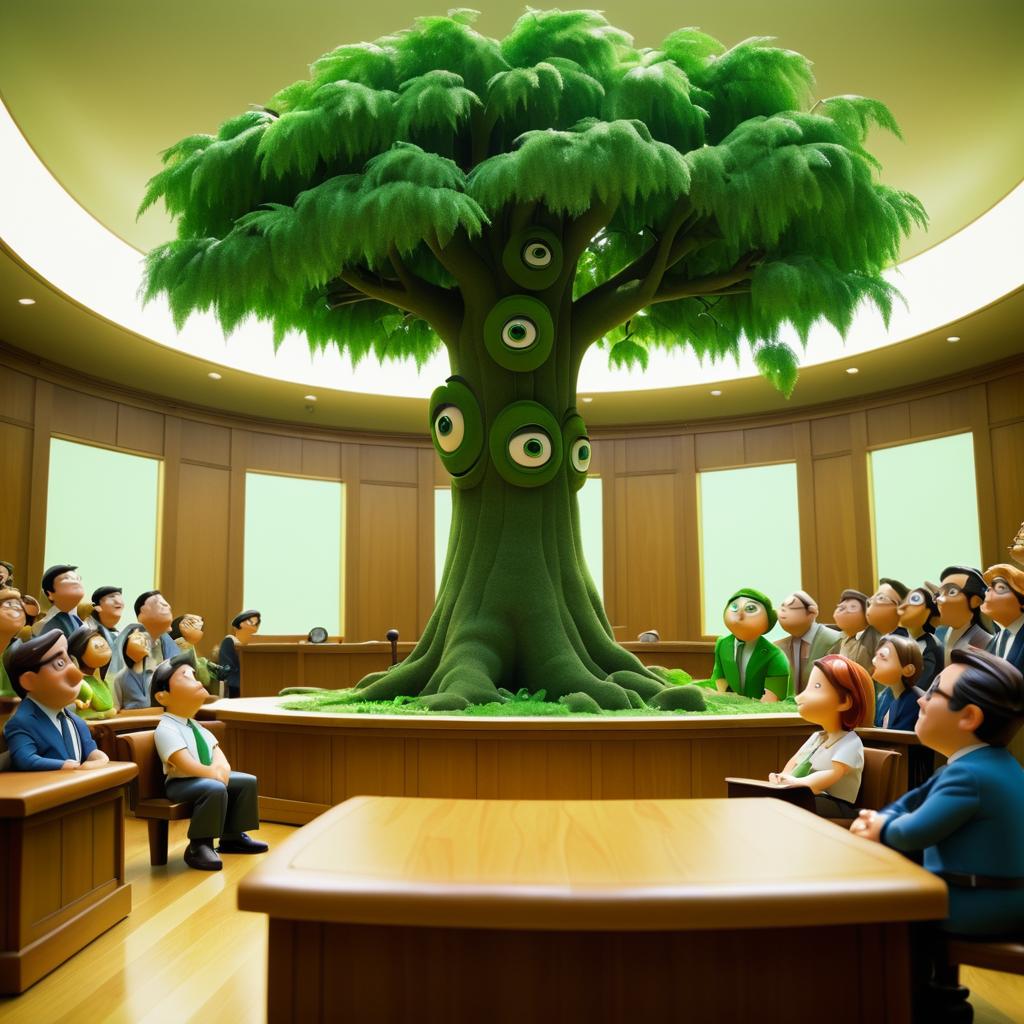 Whimsical Pixar Courtroom with Talking Tree