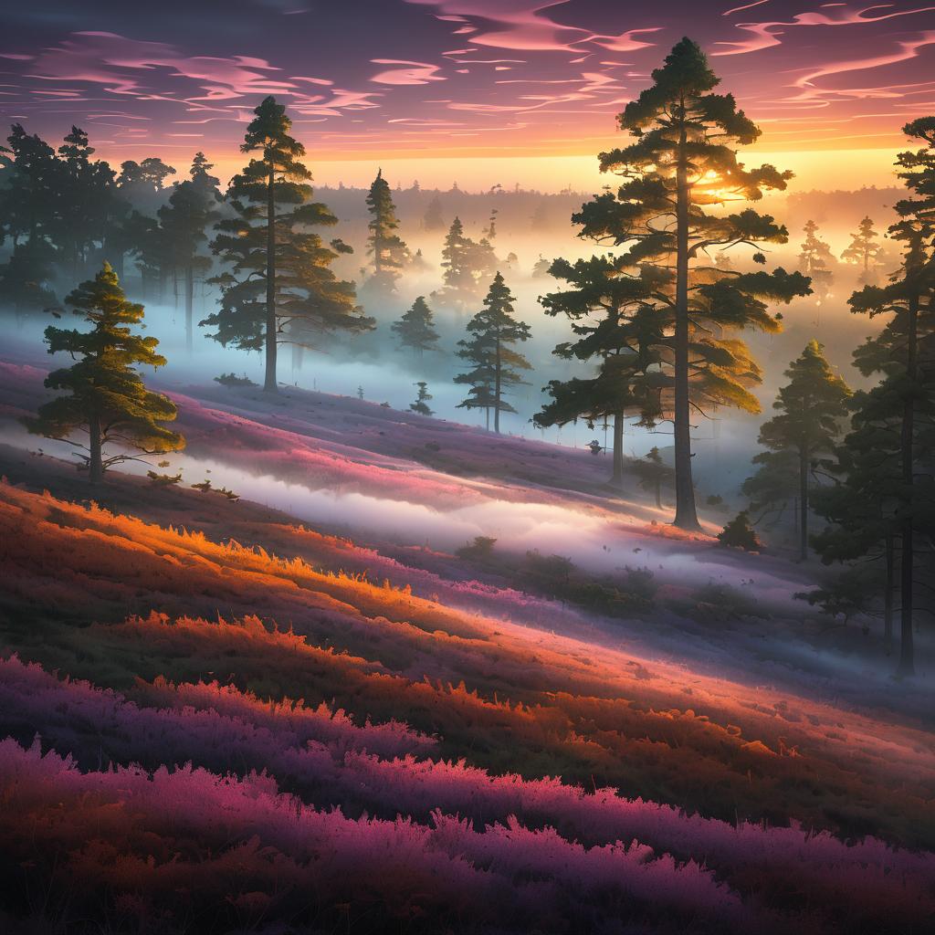 Enchanted Heathland at Dawn with Fog