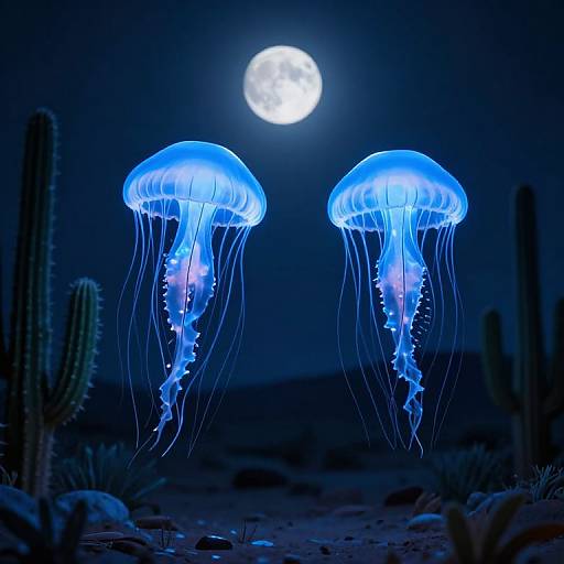 Photograph of two glowing blue jellyfish floating under a full moon in a desert night scene with cacti and rocks.