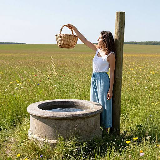 Photograph of a curly-haired woman in a white top and blue skirt, holding a wicker basket, standing by a stone well in a sunlit