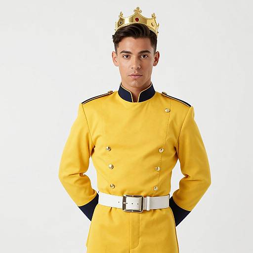 Photograph of a young man with short black hair, wearing a yellow military-style uniform with black cuffs, white belt, and golden crown, standing against