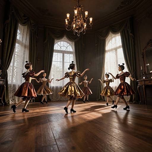 Photograph of seven ballerinas in vintage, gold and brown skirts, black stockings, and hair buns, dancing in a dimly lit,