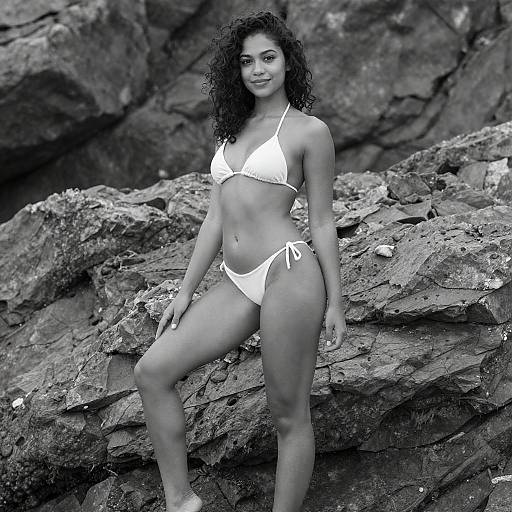 Black-and-White Woman on Rocky Shore