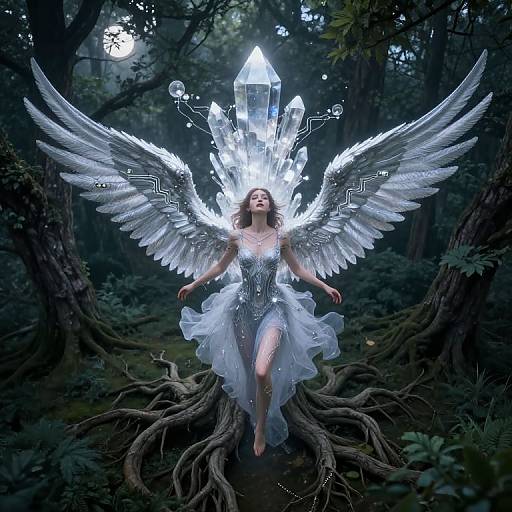 Digital art: Angelic woman with radiant white wings, crystal crown, and flowing dress, floating amid dark forest, roots supporting her.