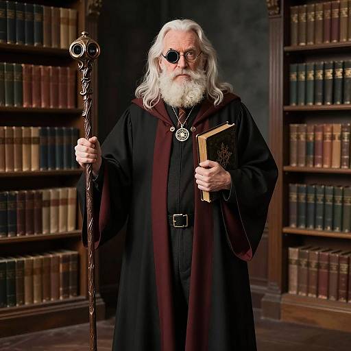 Elder Wizard in a Magical Library
