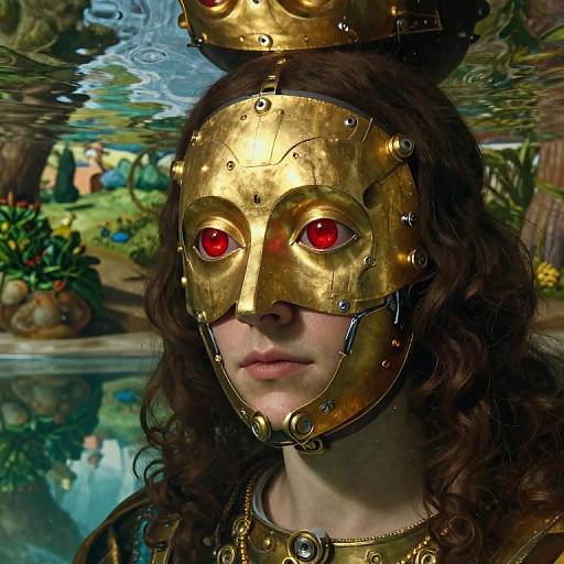 Digital art of a woman with curly brown hair, wearing a golden, metallic mask with red eyes, set against a lush, surreal forest background.