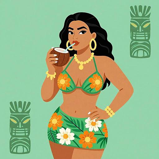 Digital illustration of a curvy woman with dark hair, wearing a green floral bikini and skirt, drinking coconut, adorned with gold jewelry, against a turquoise