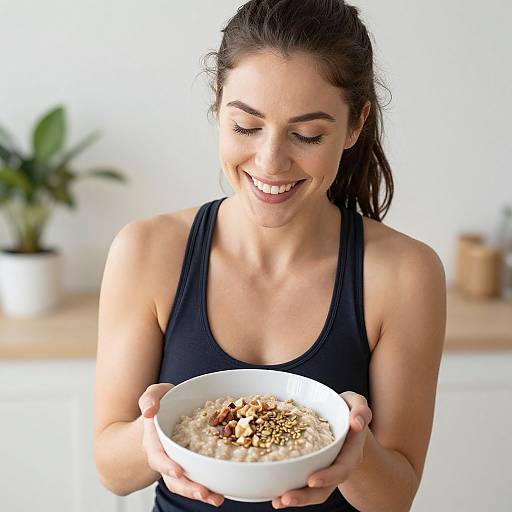 Photograph of a smiling, fit woman with dark hair in a ponytail, wearing a black tank top, holding a bowl of oatmeal with nuts