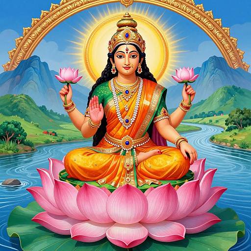 Digital illustration of a serene Hindu goddess with long black hair, wearing an orange and green sari, seated on a pink lotus, holding lotuses