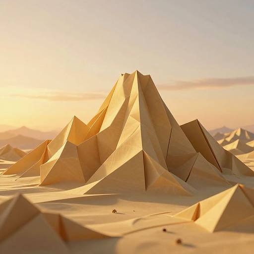 Photograph of a sunlit, paper-like desert landscape with sharp, angular sand dunes casting intricate shadows, under a golden sunset sky.