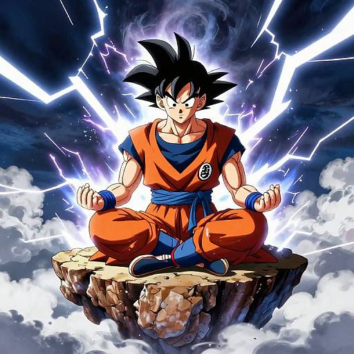 Goku Meditating Amid Storm Clouds