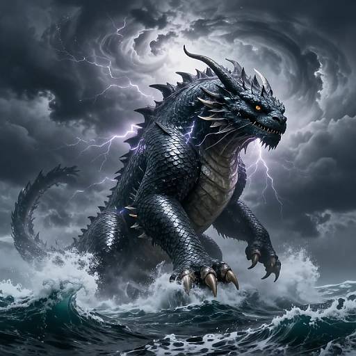 Digital artwork of a fierce, black-scaled dragon with glowing yellow eyes, lightning bolts, and sharp claws, roaring amidst stormy waves.