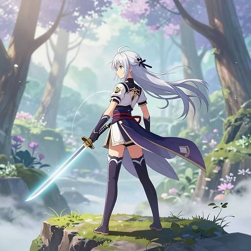 Anime-style digital illustration of a white-haired warrior woman with blue eyes, standing in a sunlit forest, holding a glowing sword, wearing a white and