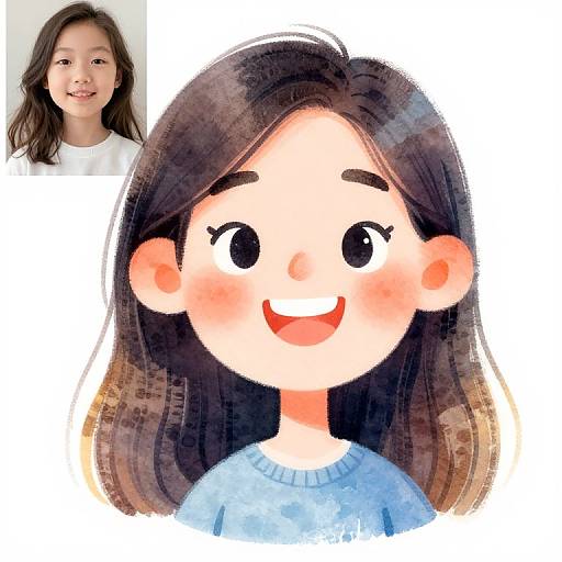 Cartoon-style digital drawing of a smiling young girl with dark brown hair, large eyes, and rosy cheeks, wearing a light blue sweater. In