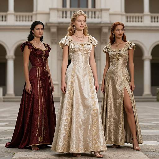 Photograph of three women in ornate, medieval-style gowns: dark burgundy, gold with a slit, and gold with ruffled sleeves;