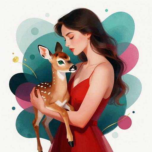 Surreal Woman in Red Holding Fawn
