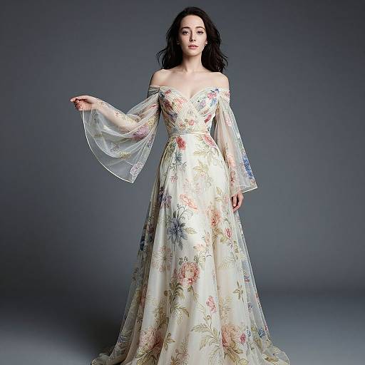 Photograph of a pale-skinned woman with dark, wavy hair wearing an off-shoulder, floral-patterned, long-sleeve ball