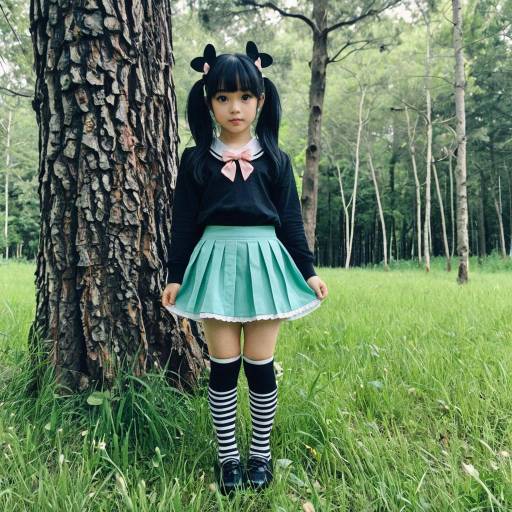 Young girl in aqua skirt and striped socks standing in forest