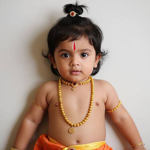 Photograph of an Indian toddler with black hair, wearing a red bindi, gold jewelry, and an orange dhoti, against a plain white