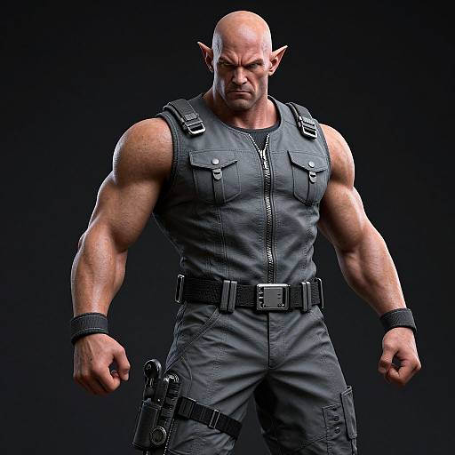 CGI image of a muscular, bald, elf-like man with pointed ears, wearing a sleeveless, gray tactical outfit, black belt, and wrist