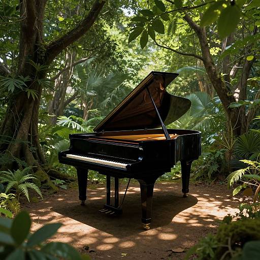 Photograph of a black grand piano with its lid open, surrounded by lush, sunlit tropical foliage and large trees.
