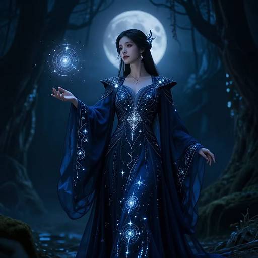Digital artwork: A mysterious woman in a glowing, star-patterned blue dress conjures a magical orb under a full moon in a dark, misty