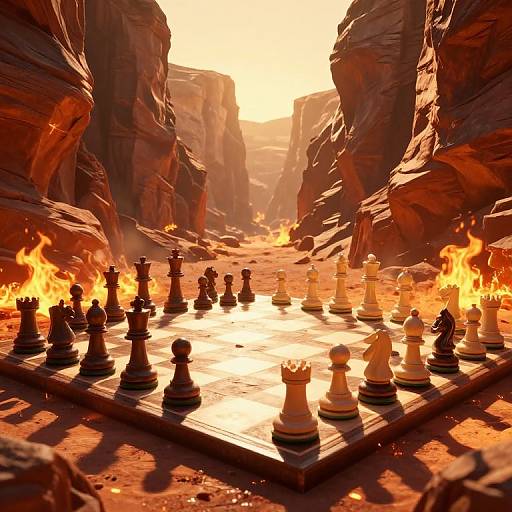 Photorealistic CGI of a blazing chessboard set in a fiery, sunlit canyon with towering rock formations and flames on either side.