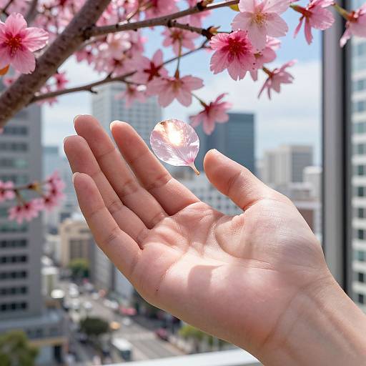 Photograph of a hand gently holding a sparkling crystal-like drop, with pink cherry blossoms in the foreground and a cityscape blurred in the background under