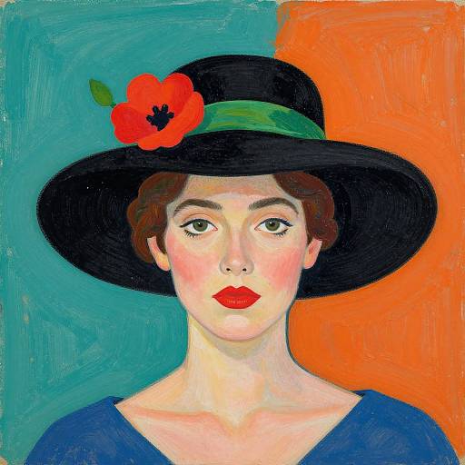 Painting of a fair-skinned woman with red lips, green eyes, brown hair, wearing a black hat with red flower and green band, blue