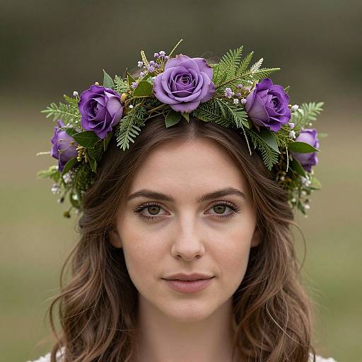 Photograph of a young woman with fair skin, brown wavy hair, wearing a purple rose and greenery crown, standing outdoors against a blurred green
