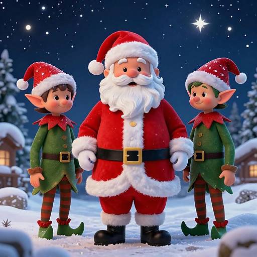 CGI image of Santa Claus with two elf children in green outfits and red hats, standing in a snowy nighttime village.