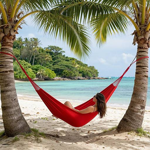 Photograph of a woman with long brown hair in a red hammock between two palm trees, overlooking a turquoise ocean and white sandy beach with lush green
