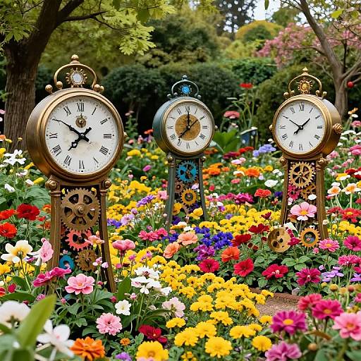 Surreal Vintage Clocks in Blooming Garden