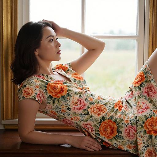 Photograph of a light-skinned woman with dark brown hair, wearing a floral dress with orange and pink roses, reclining by a sunlit window
