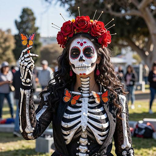 Photograph of a woman in a Day of the Dead costume, adorned with white face paint, red flower crown, orange butterfly accessories, and black skeleton